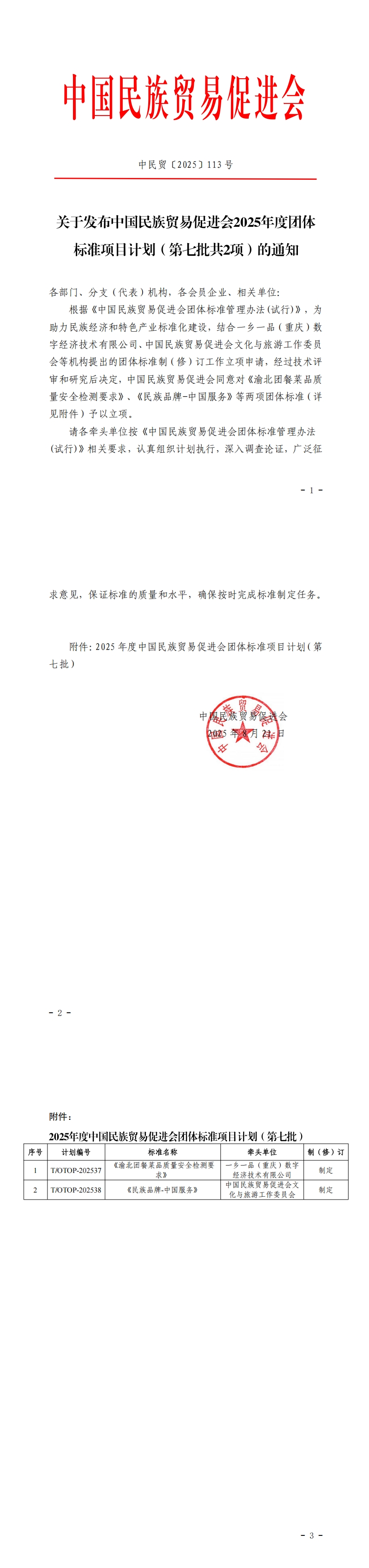 关于发布中国民族贸易促进会2025年度团体标准项目计划（第七批共2项的通知